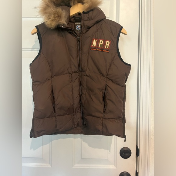 Napapijri Field Down Vest Brown Removable Fur Hood with Patches Sz S - Picture 12 of 16